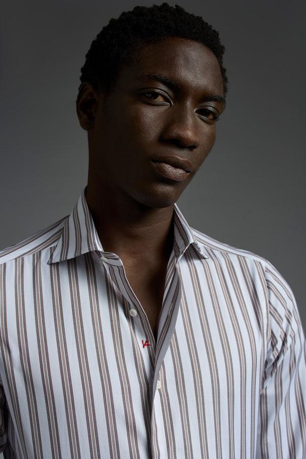 Isaia Mix Dress Shirt Shirt White Brown And Beige Stripe