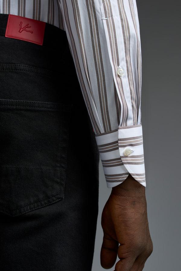 Isaia Mix Dress Shirt Shirt White Brown And Beige Stripe