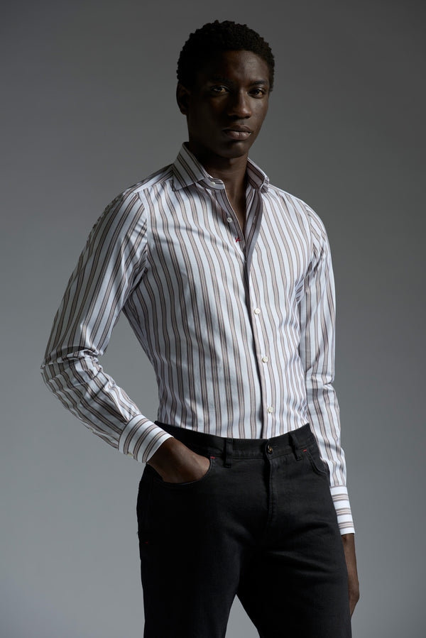 isaia Mix Dress Shirt Shirt White Brown And Beige Stripe