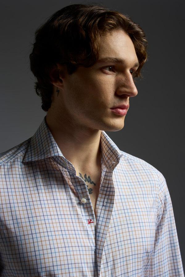 Isaia Mix Dress Shirt Shirt White Brown And Blue Check