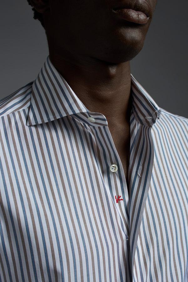 Isaia Mix Dress Shirt Shirt White Brown And Green Stripe