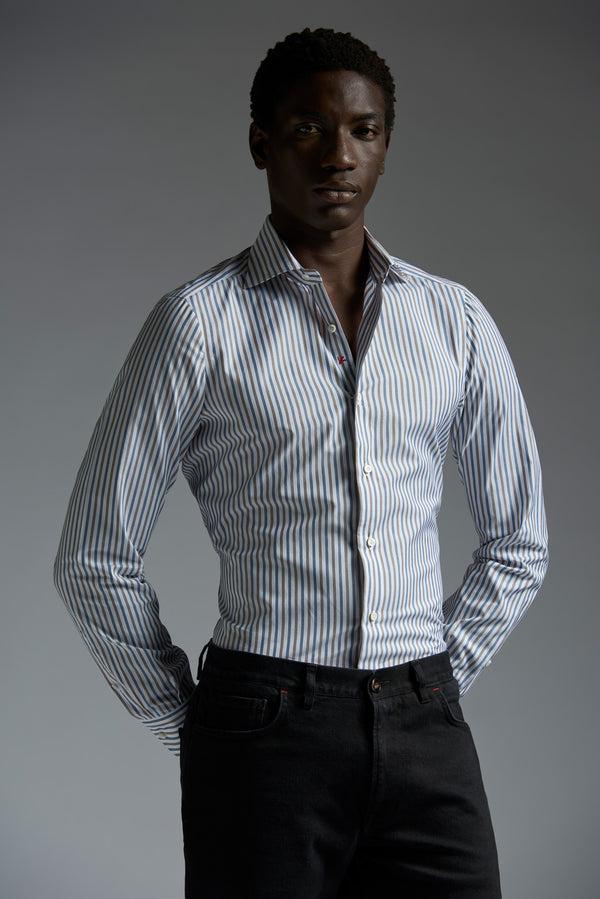 isaia Mix Dress Shirt Shirt White Brown And Green Stripe