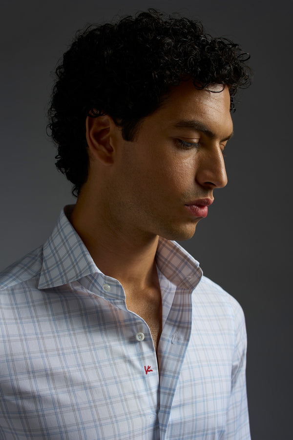 Isaia Mix Dress Shirt Shirt White With Grey And Blue Check