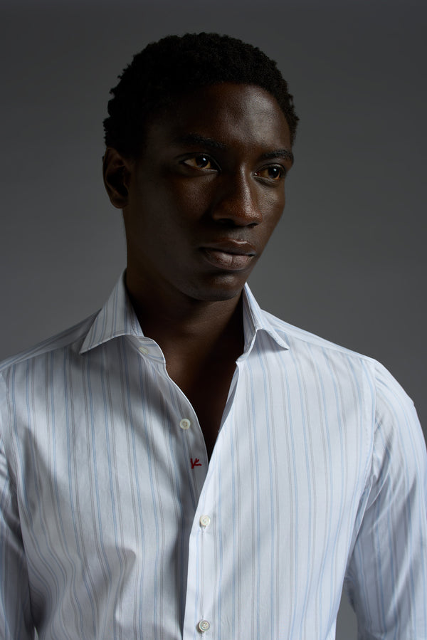 Isaia Mix Dress Shirt Shirt White With Grey And Blue Stripe