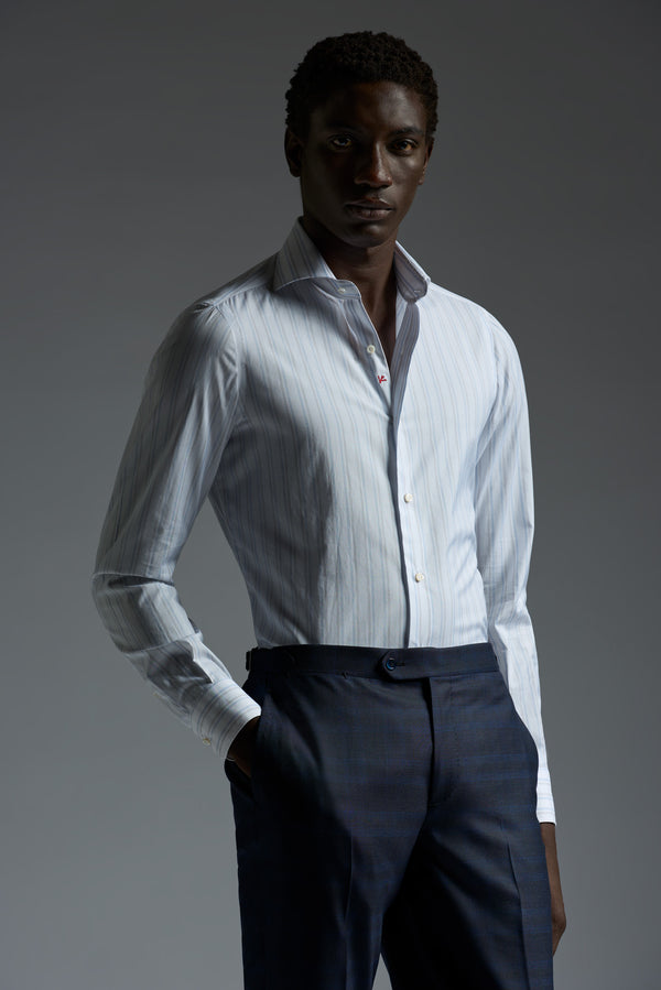 isaia Mix Dress Shirt Shirt White With Grey And Blue Stripe