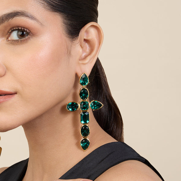 isharya Banger Green Crystal Cross Earrings Earrings