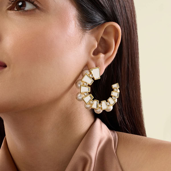 isharya Bombay Deco Mirror And Pearl Hoop Earrings Earrings