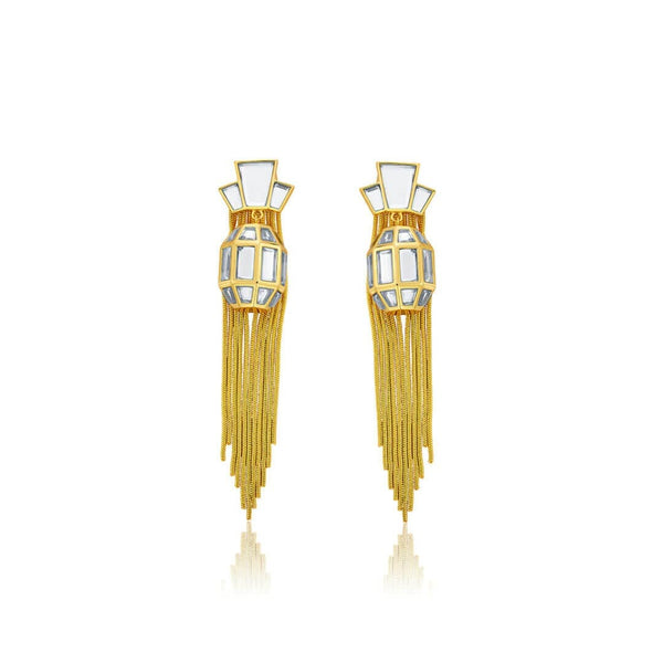 isharya Bombay Deco Tassel Statement Mirror Earrings in Gold Earrings
