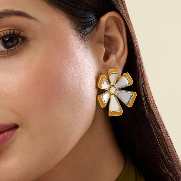 isharya Ayaana Orange Enamel Flower Stud Earrings