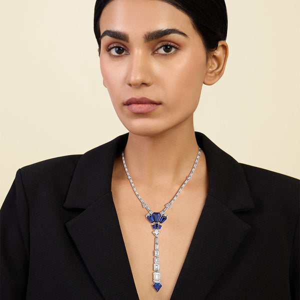 Isharya Blue Corumdum Drop Lariat Necklaces Blue