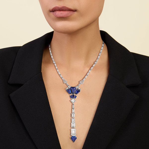 Isharya Blue Corumdum Drop Lariat Necklaces Blue