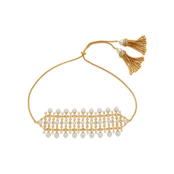 Isharya Crystal Pearl Tassel Choker Choker Gold