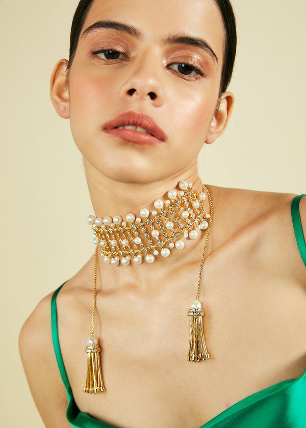 Isharya Crystal Pearl Tassel Choker Choker Gold