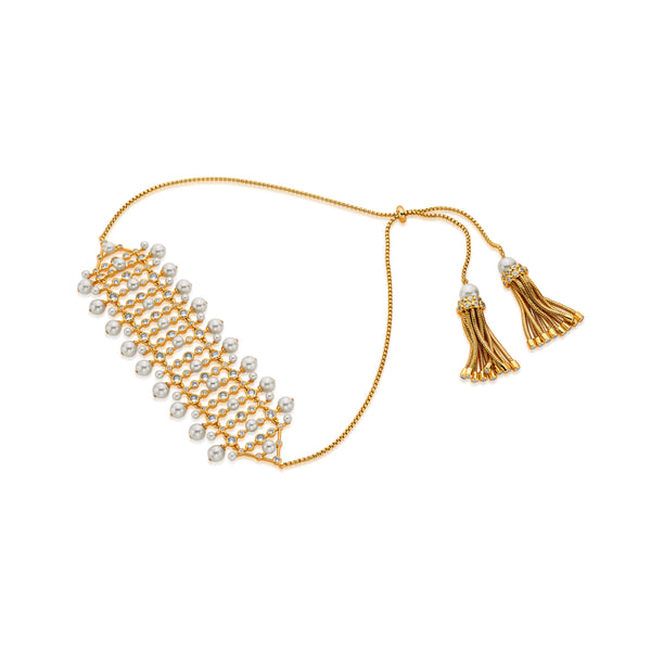 Isharya Crystal Pearl Tassel Choker Choker Gold