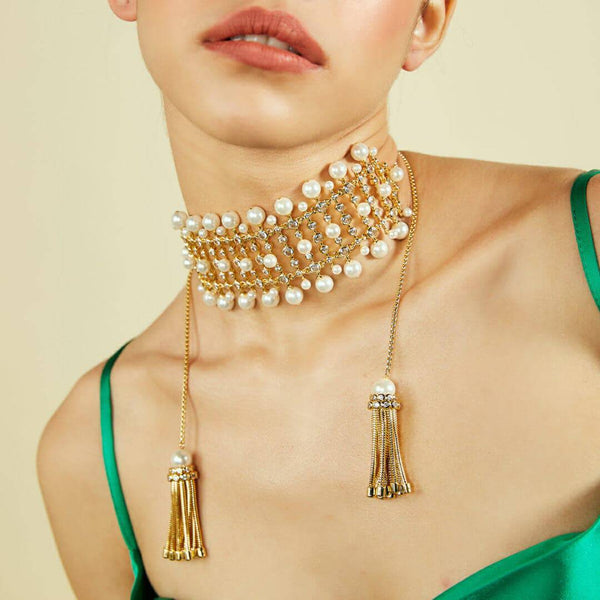 isharya Crystal Pearl Tassel Choker Choker Gold