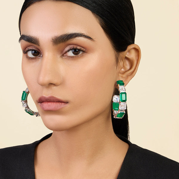 Isharya Dark Emerald Baguette Hoops Earrings Green