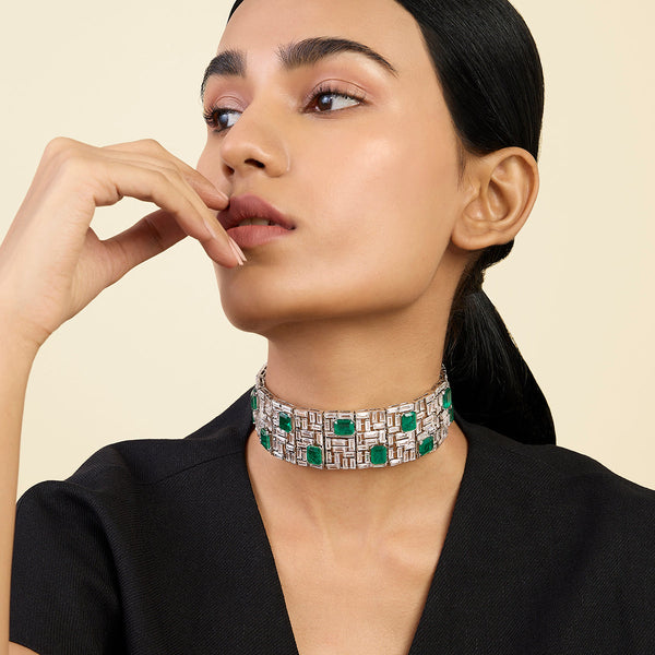 Isharya Doublet Dark Emerald Wide Choker Necklaces