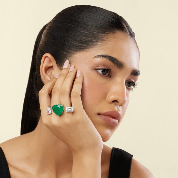 Isharya Dual Heart Emerald Ring Rings Free Size