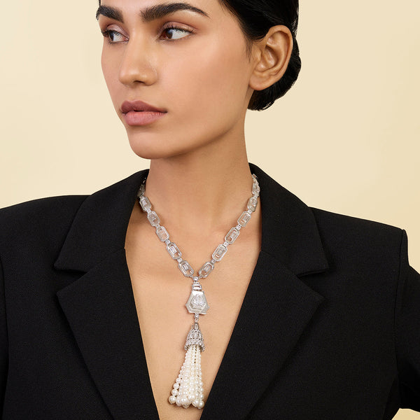 Isharya Long Pearl Tassel Necklace Necklaces White