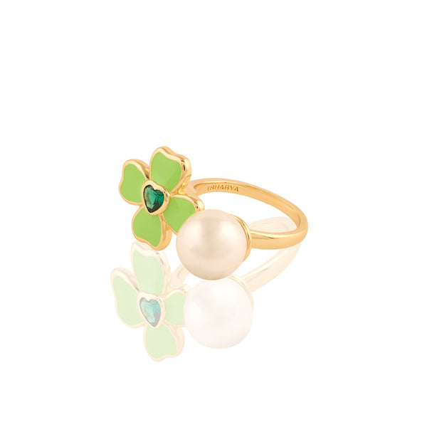 Isharya Neon Clover Pearl Ring Rings Free Size