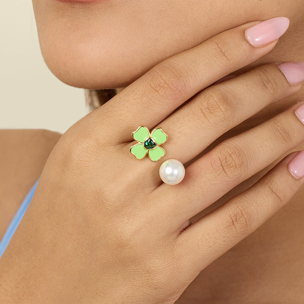 isharya Neon Clover Pearl Ring Rings Free Size