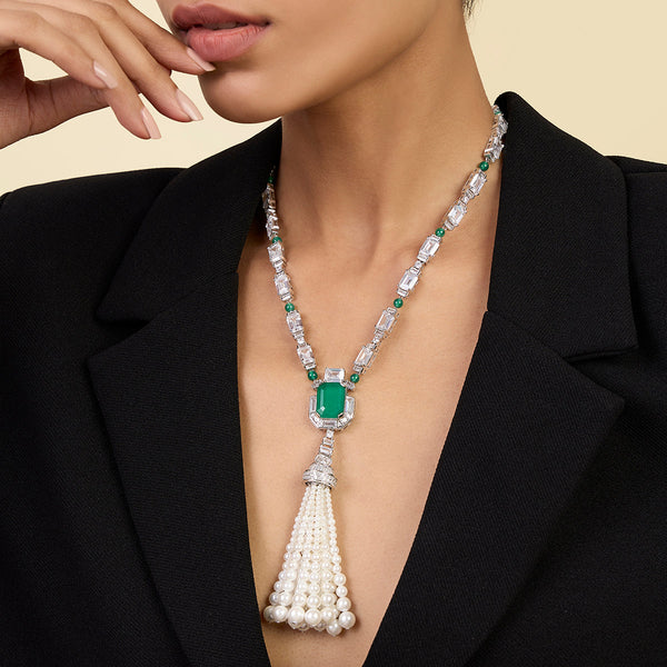 isharya Pearls & Emeralds Tassel Necklace Necklaces