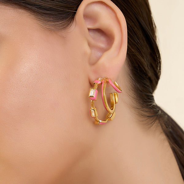 isharya Pink Enamel Triple Hoops Earrings