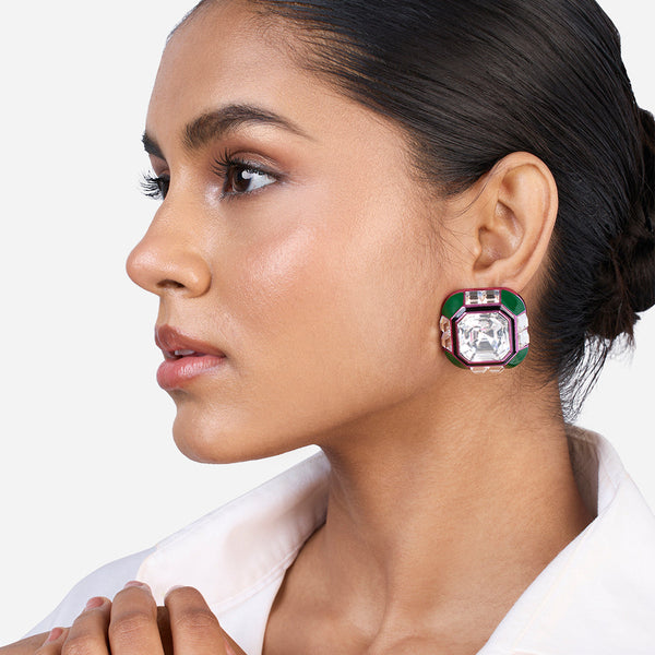 Isharya Jungle Green Oversized Crystal Studs Earrings Green