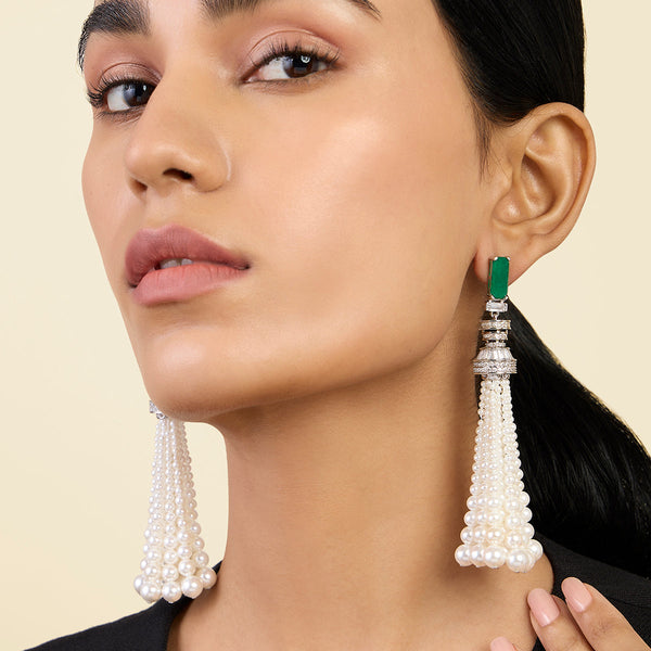 Isharya Pearls & Emeralds Tassel Earrings Earrings Green