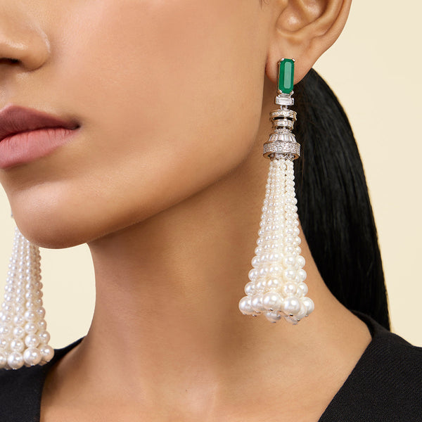 isharya Pearls & Emeralds Tassel Earrings Earrings Green