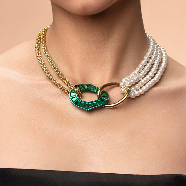 isharya Sultana Green Mirror & Pearl Necklace Necklaces