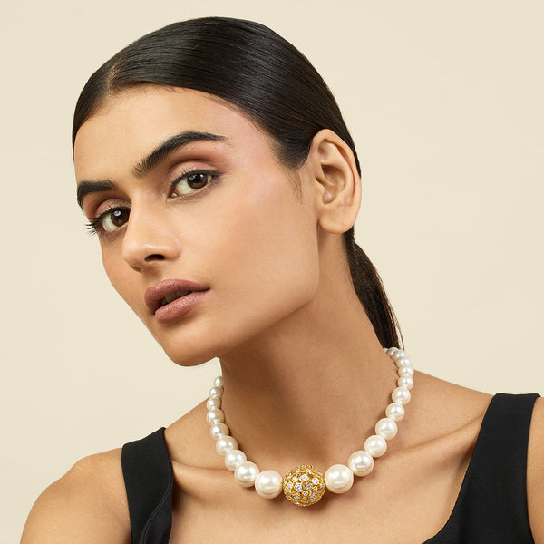 Isharya White Crystal Ball Pearl Necklace Necklaces