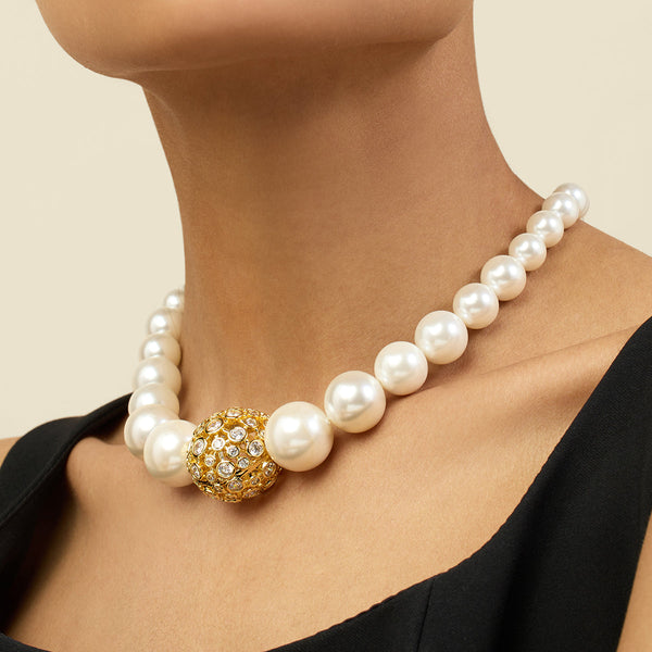 isharya White Crystal Ball Pearl Necklace Necklaces