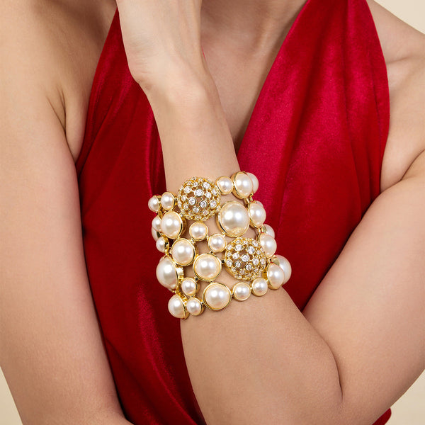 isharya White Crystal Ball Pearl Statement Cuff Bracelets XS