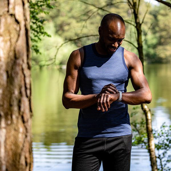 isobaa Mens Merino 150 Vest (Mini Stripe Navy/Denim)
