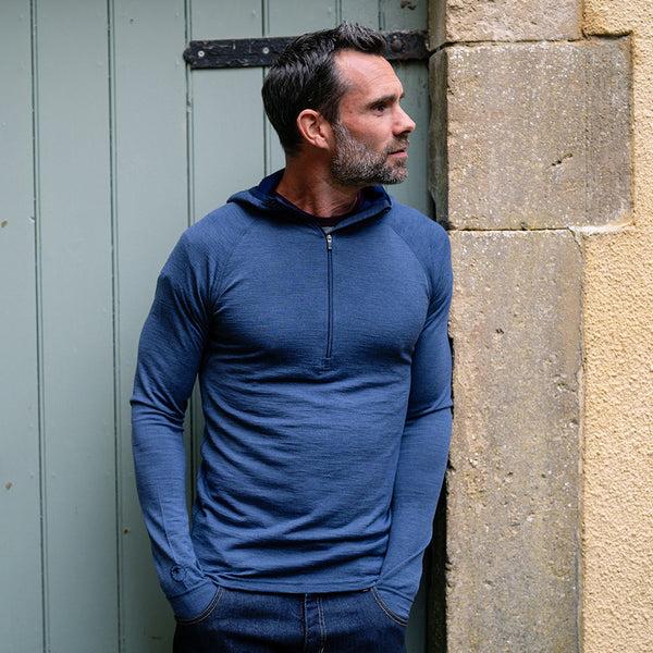 isobaa Mens Merino 200 Zip Neck Hoodie (Denim)