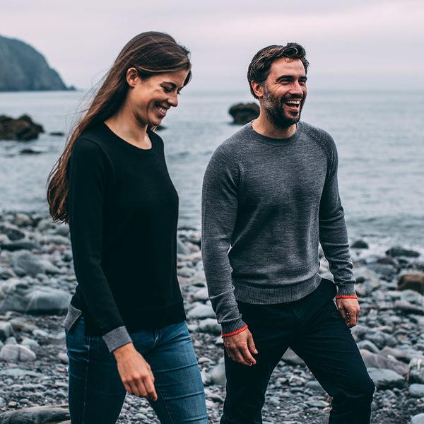 Isobaa Mens Merino Crew Sweater (Charcoal/Orange)