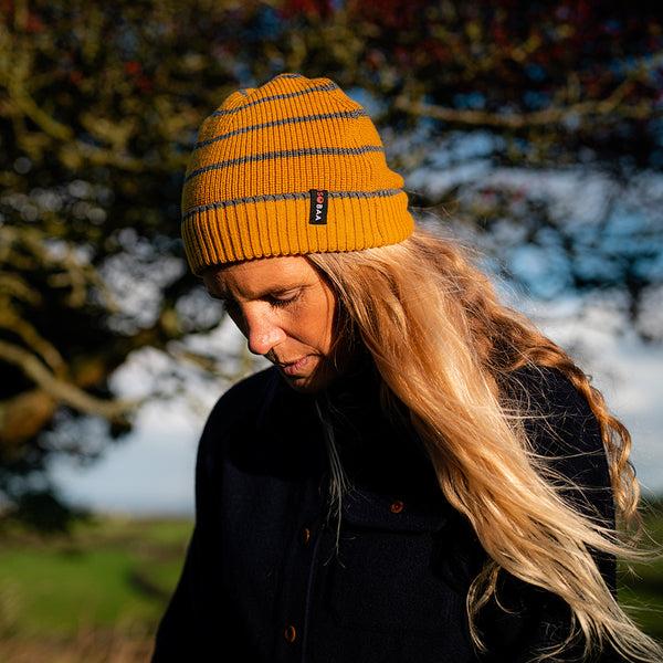 Isobaa Merino Stripe Beanie (Mustard/Smoke)