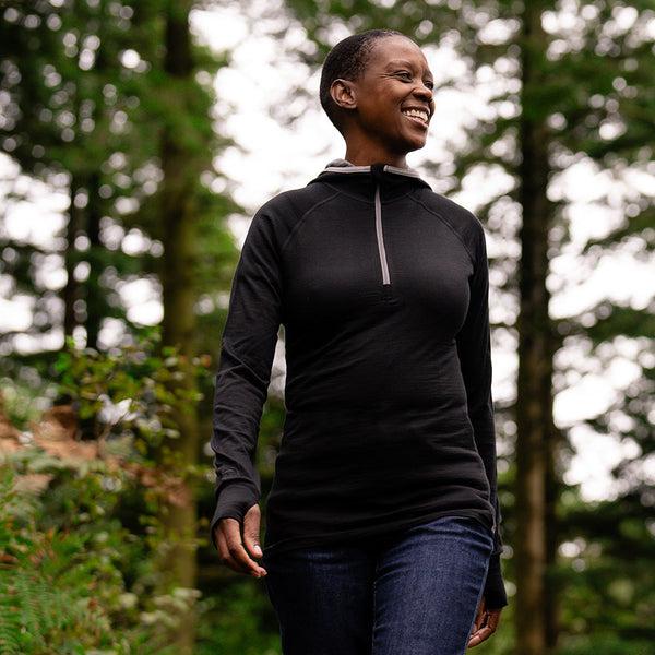 Isobaa Womens Merino 200 Zip Neck Hoodie (Black)