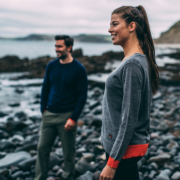 Isobaa Womens Merino Crew Sweater (Charcoal/Orange)
