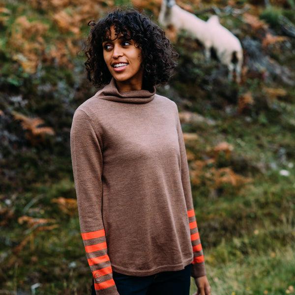 Isobaa Womens Merino Roll Neck Sweater (Bran/Orange)