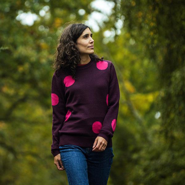 Isobaa Womens Polka Dot Sweater (Wine/Fuchsia)