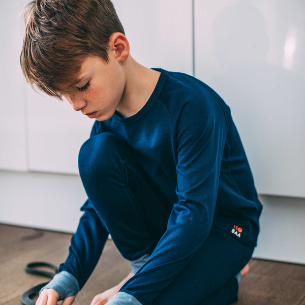 Isobaa Junior Merino Blend 200 Long Sleeve Crew (Navy/Sky)