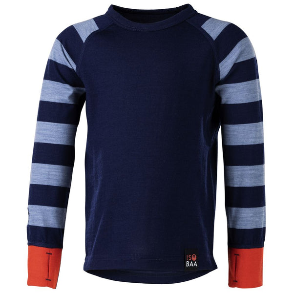 isobaa Kids Merino Blend 200 Long Sleeve Crew (Stripe Navy/Sky)