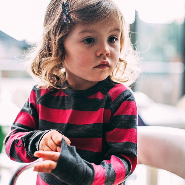 Isobaa Kids Merino Blend 200 Long Sleeve Crew (Stripe Smoke/Fuchsia)