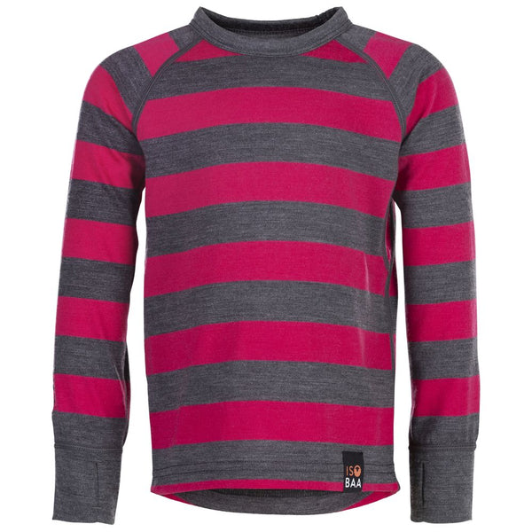 isobaa Kids Merino Blend 200 Long Sleeve Crew (Stripe Smoke/Fuchsia)