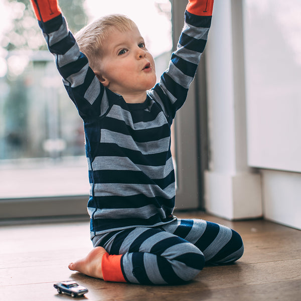 Isobaa Kids Merino Blend 200 Long Sleeve Crew (Stripey Navy/Sky)
