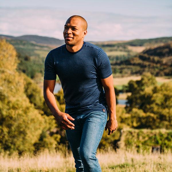 isobaa Mens Merino 150 Short Sleeve Crew (Stripe Navy/Denim)