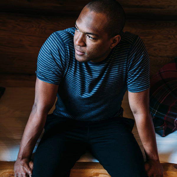 Isobaa Mens Merino 150 Short Sleeve Crew (Stripe Petrol/Charcoal)