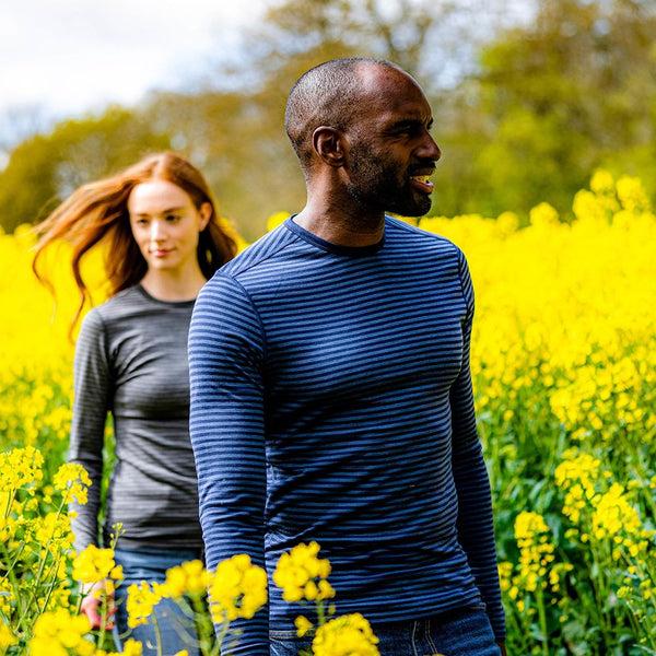 isobaa Mens Merino 180 Long Sleeve Crew (Mini Stripe Navy/Denim)